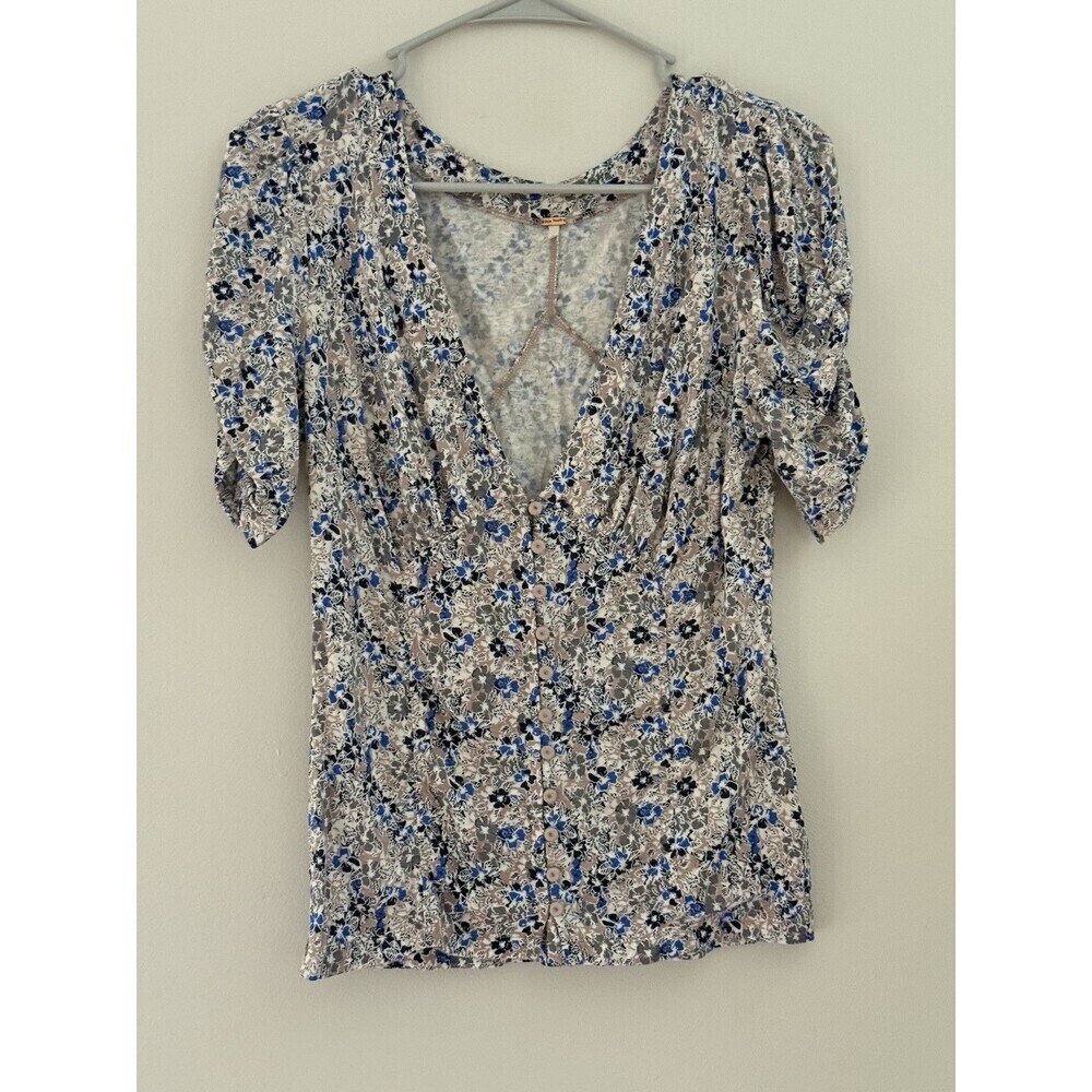 Free People Women's Floral  V Neck Button Down Blouse Ivory Blue M boho hippie